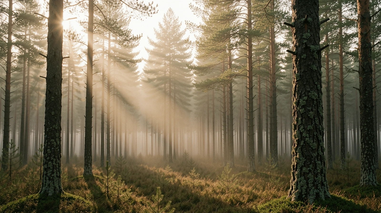 Nordisk barrskog i morgondimma