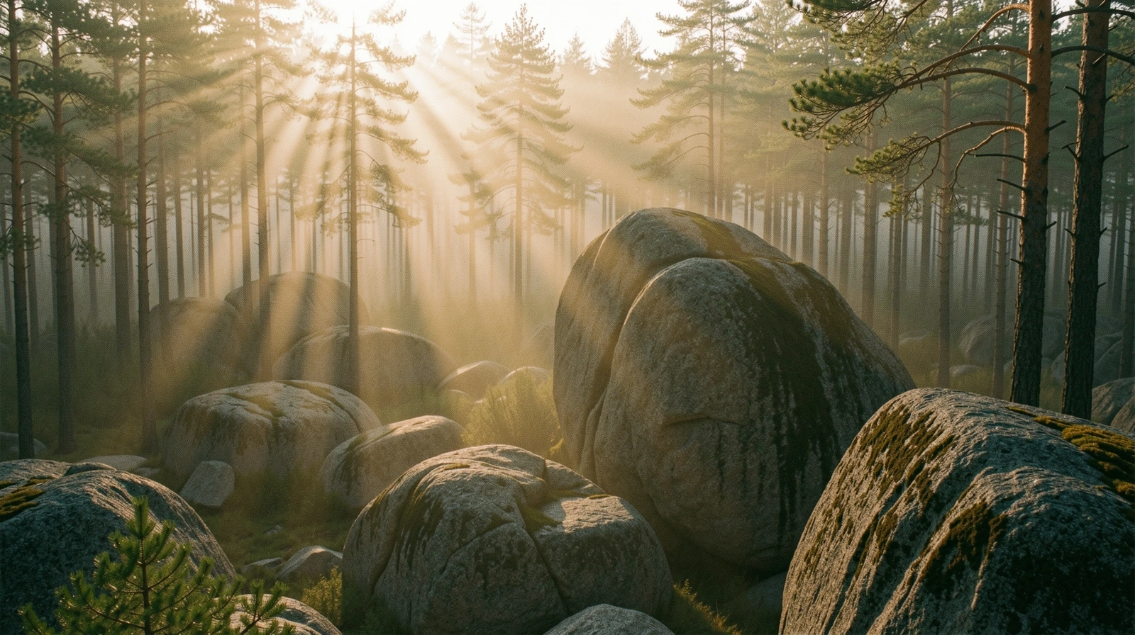 Nordisk skogsmiljö med dimma och granit